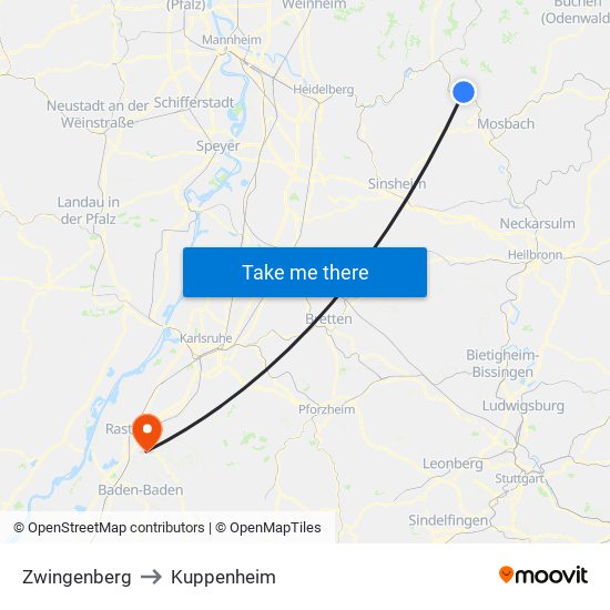 Zwingenberg to Kuppenheim map