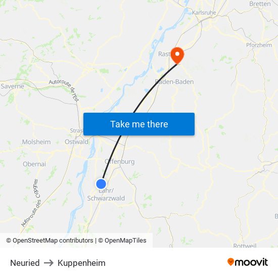Neuried to Kuppenheim map