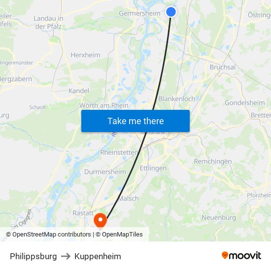 Philippsburg to Kuppenheim map