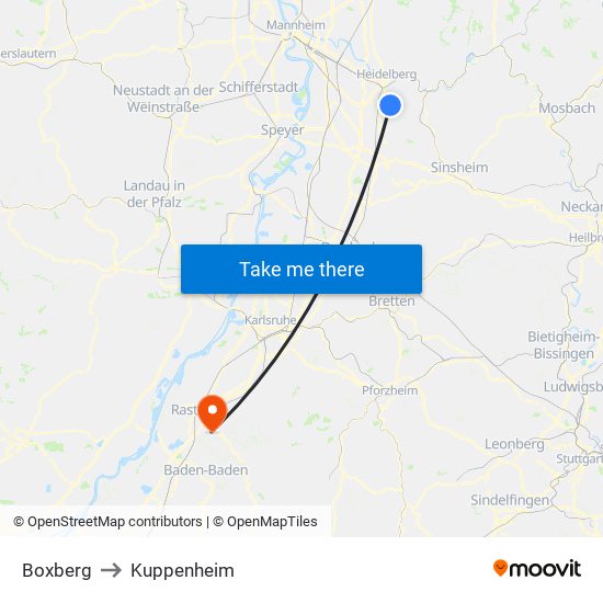 Boxberg to Kuppenheim map