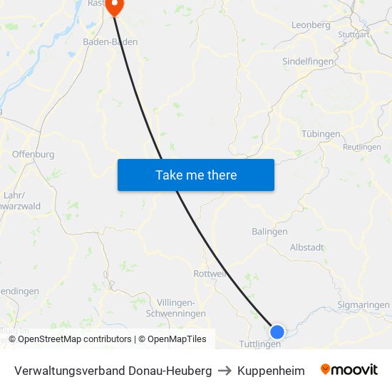 Verwaltungsverband Donau-Heuberg to Kuppenheim map