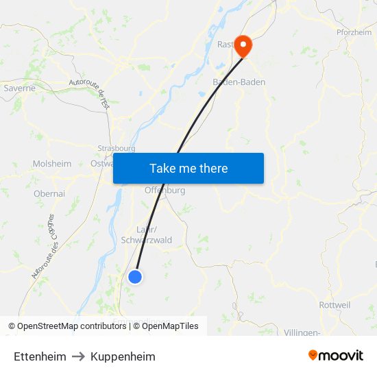 Ettenheim to Kuppenheim map