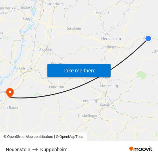 Neuenstein to Kuppenheim map