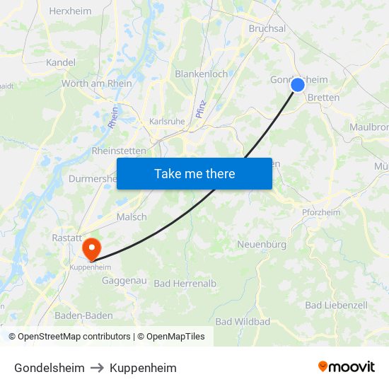 Gondelsheim to Kuppenheim map