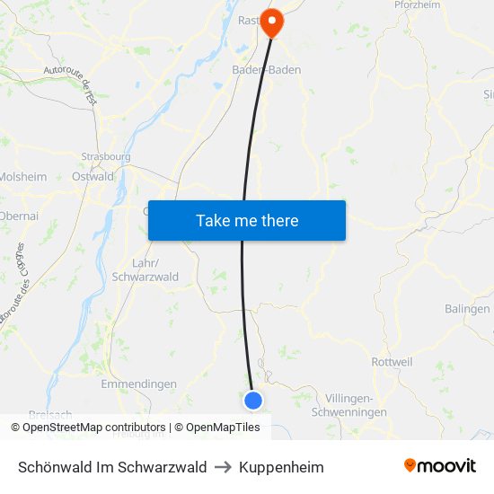 Schönwald Im Schwarzwald to Kuppenheim map