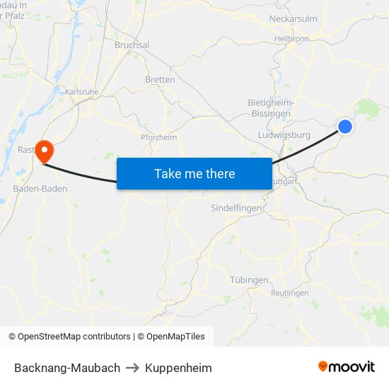 Backnang-Maubach to Kuppenheim map