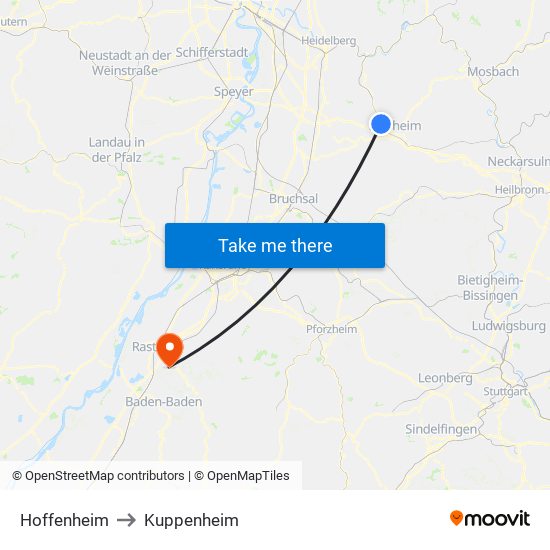 Hoffenheim to Kuppenheim map