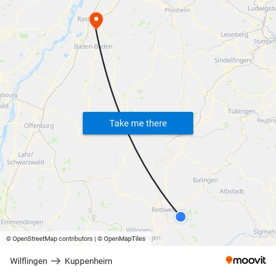 Wilflingen to Kuppenheim map