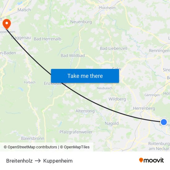 Breitenholz to Kuppenheim map