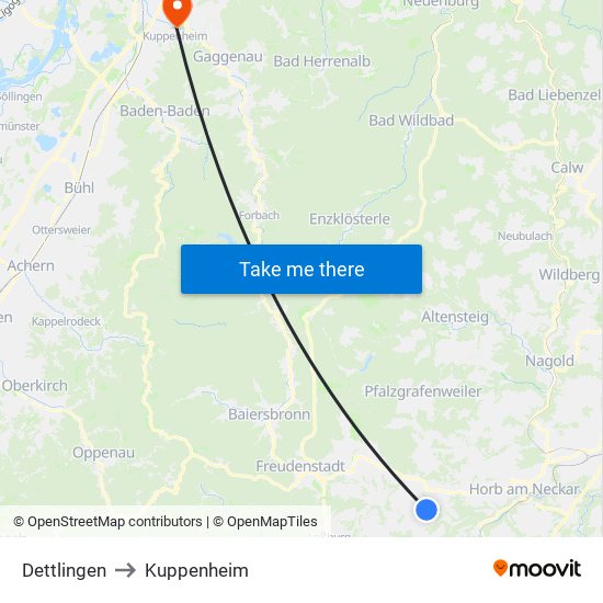 Dettlingen to Kuppenheim map