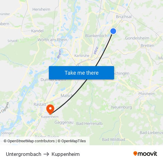 Untergrombach to Kuppenheim map