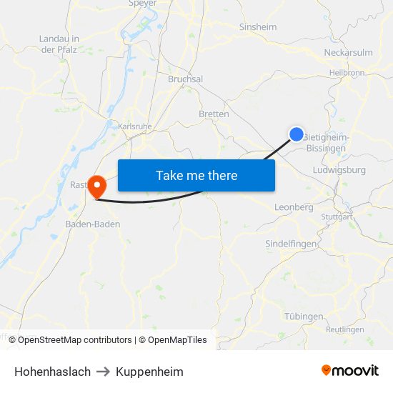 Hohenhaslach to Kuppenheim map