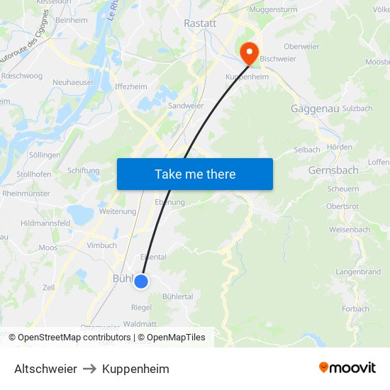 Altschweier to Kuppenheim map