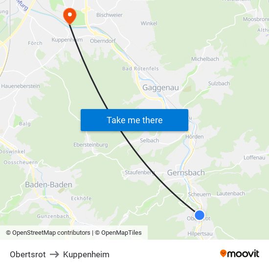 Obertsrot to Kuppenheim map