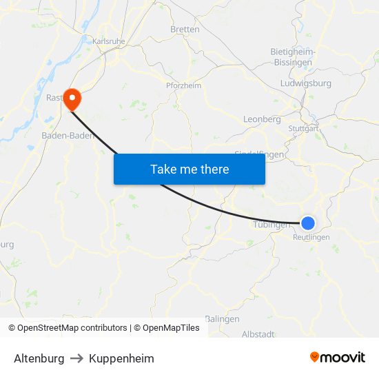Altenburg to Kuppenheim map