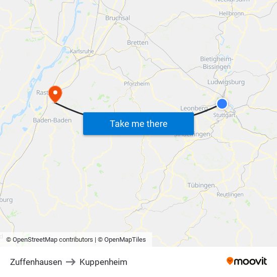 Zuffenhausen to Kuppenheim map