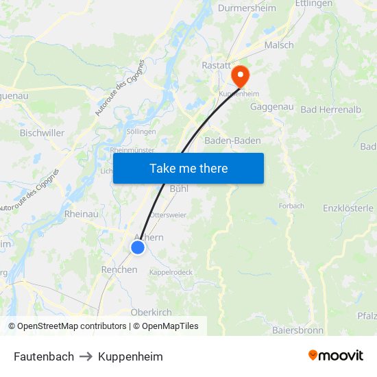 Fautenbach to Kuppenheim map