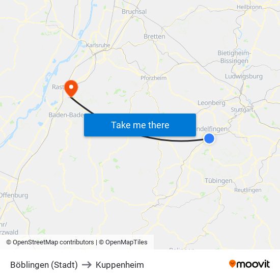 Böblingen (Stadt) to Kuppenheim map