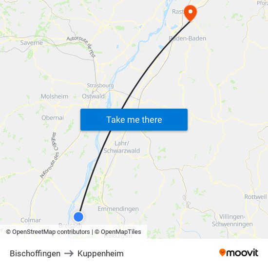 Bischoffingen to Kuppenheim map