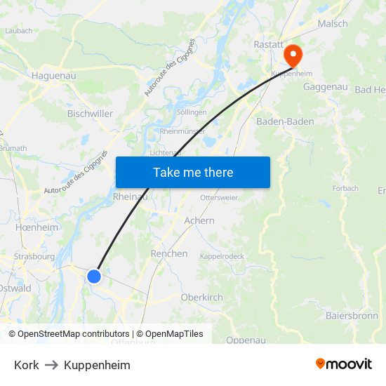 Kork to Kuppenheim map