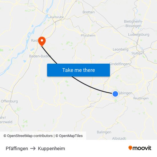 Pfäffingen to Kuppenheim map