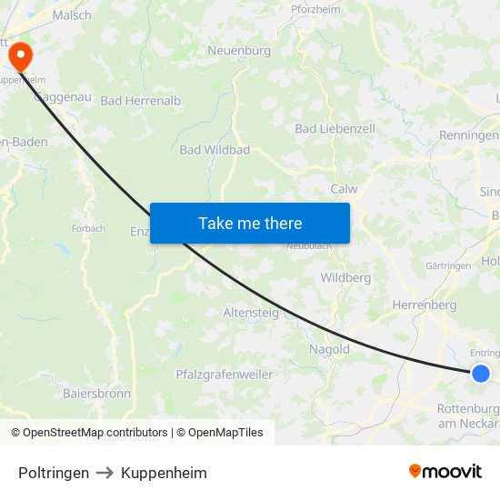 Poltringen to Kuppenheim map