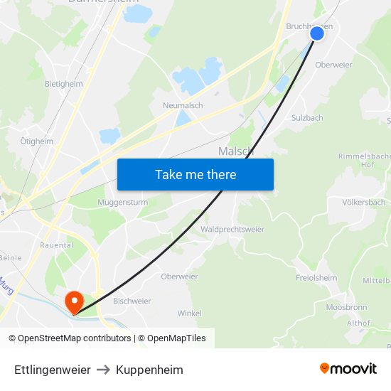 Ettlingenweier to Kuppenheim map