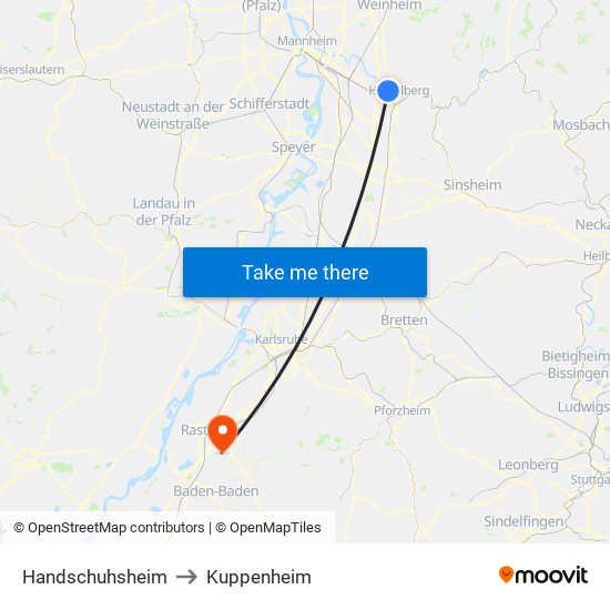Handschuhsheim to Kuppenheim map