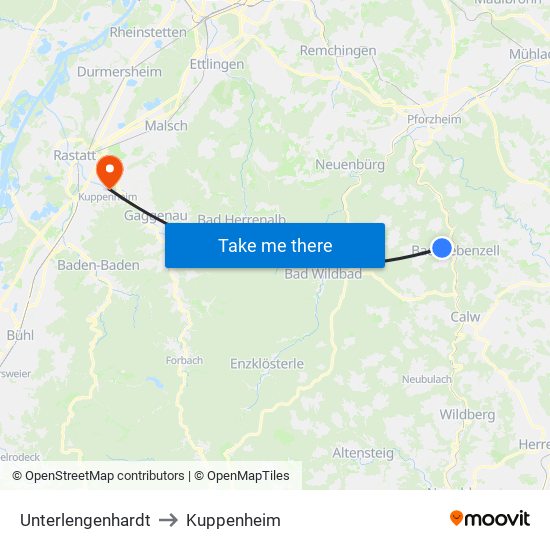 Unterlengenhardt to Kuppenheim map