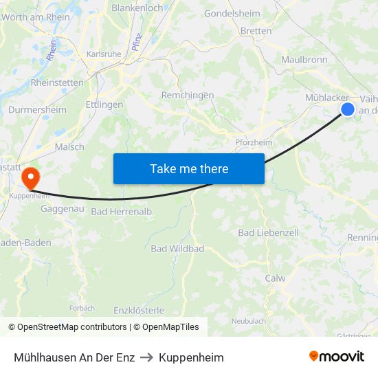 Mühlhausen An Der Enz to Kuppenheim map