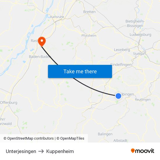 Unterjesingen to Kuppenheim map