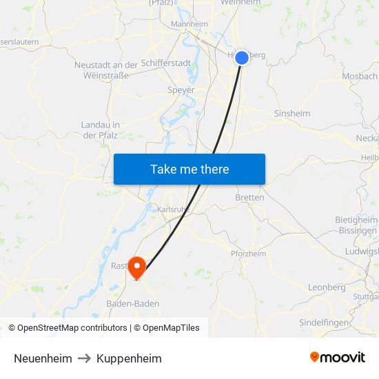 Neuenheim to Kuppenheim map