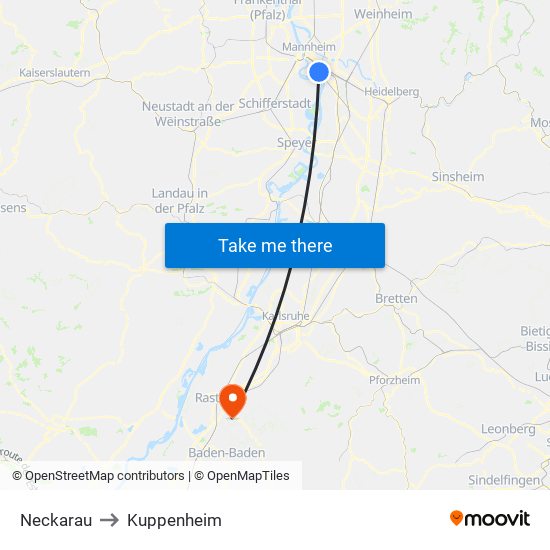 Neckarau to Kuppenheim map