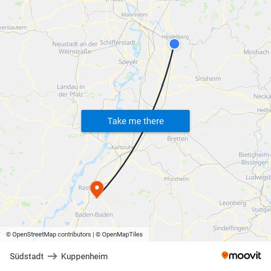 Südstadt to Kuppenheim map