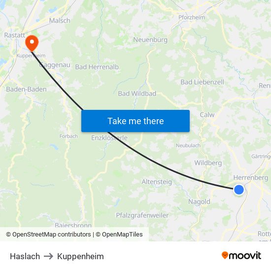 Haslach to Kuppenheim map