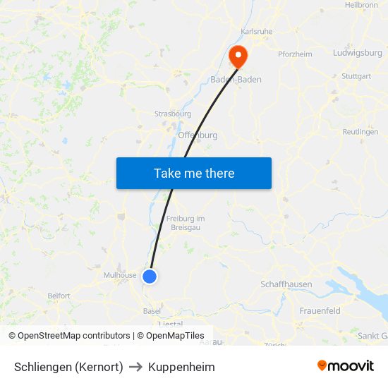 Schliengen (Kernort) to Kuppenheim map