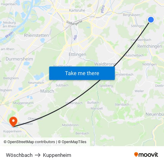 Wöschbach to Kuppenheim map