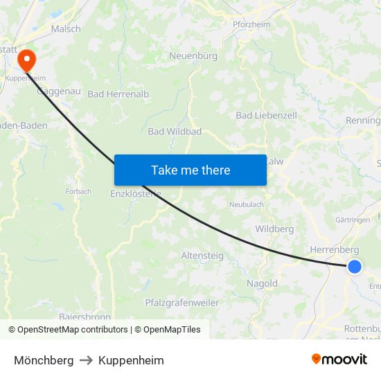 Mönchberg to Kuppenheim map