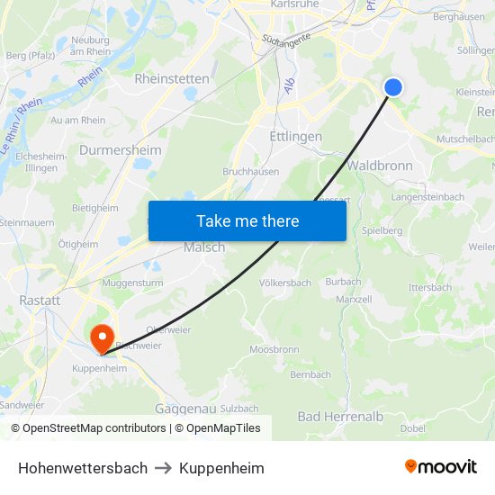 Hohenwettersbach to Kuppenheim map