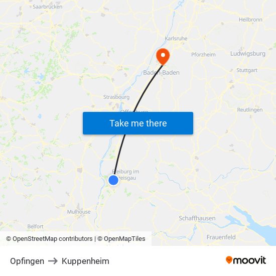 Opfingen to Kuppenheim map