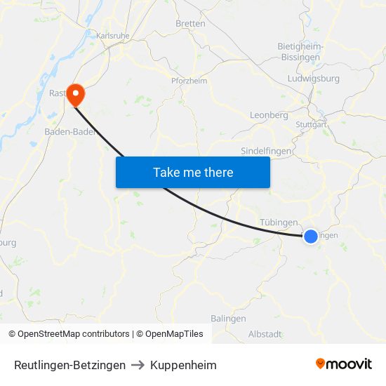 Reutlingen-Betzingen to Kuppenheim map