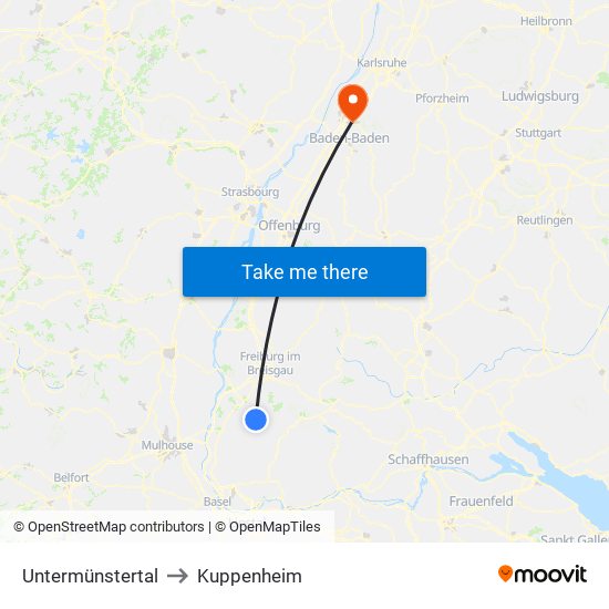 Untermünstertal to Kuppenheim map
