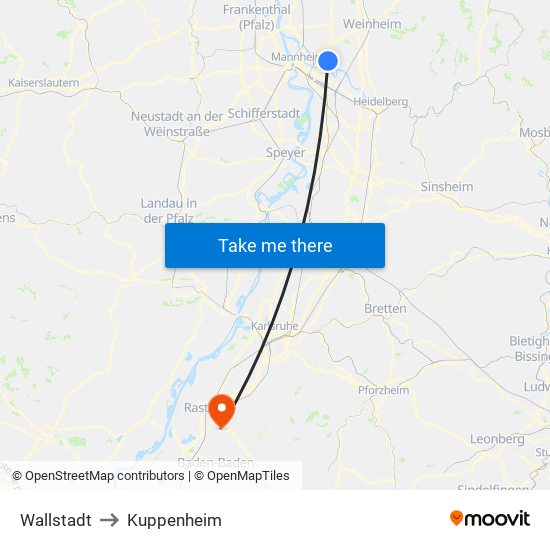 Wallstadt to Kuppenheim map