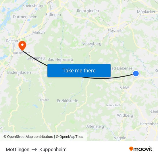 Möttlingen to Kuppenheim map