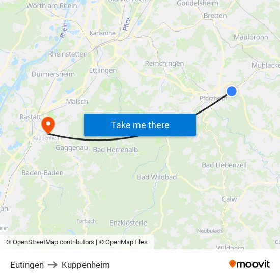 Eutingen to Kuppenheim map