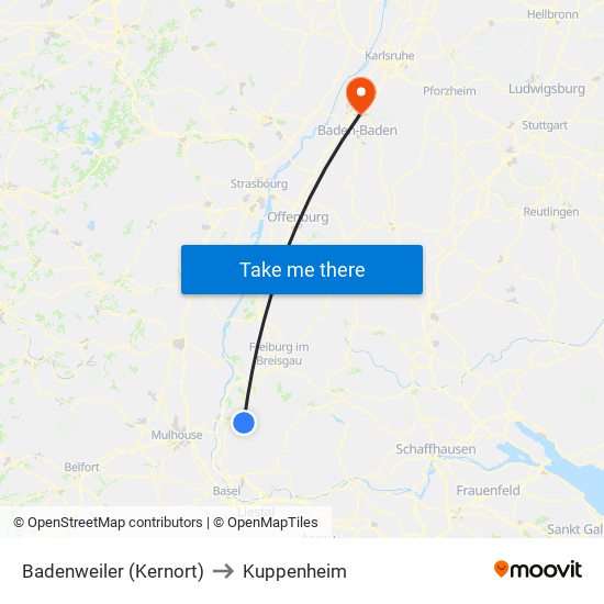 Badenweiler (Kernort) to Kuppenheim map