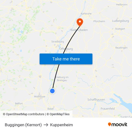 Buggingen (Kernort) to Kuppenheim map