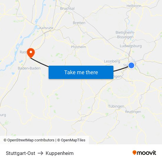 Stuttgart-Ost to Kuppenheim map