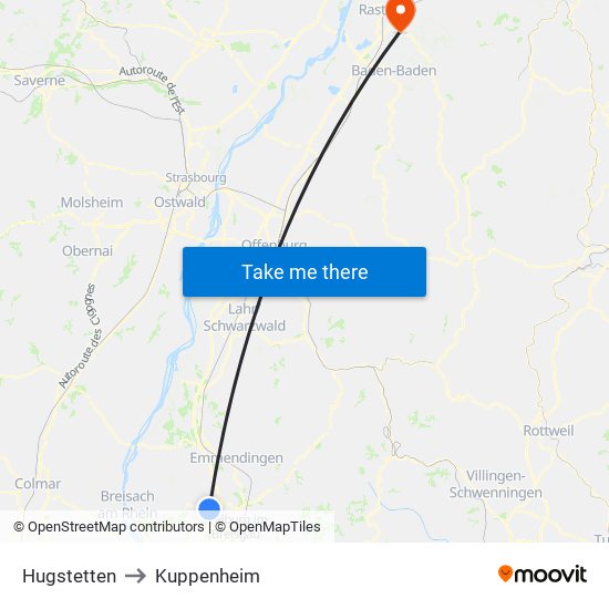 Hugstetten to Kuppenheim map