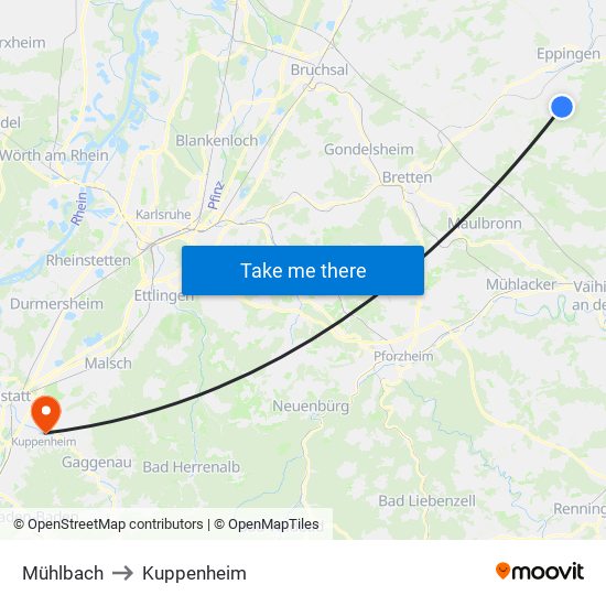 Mühlbach to Kuppenheim map